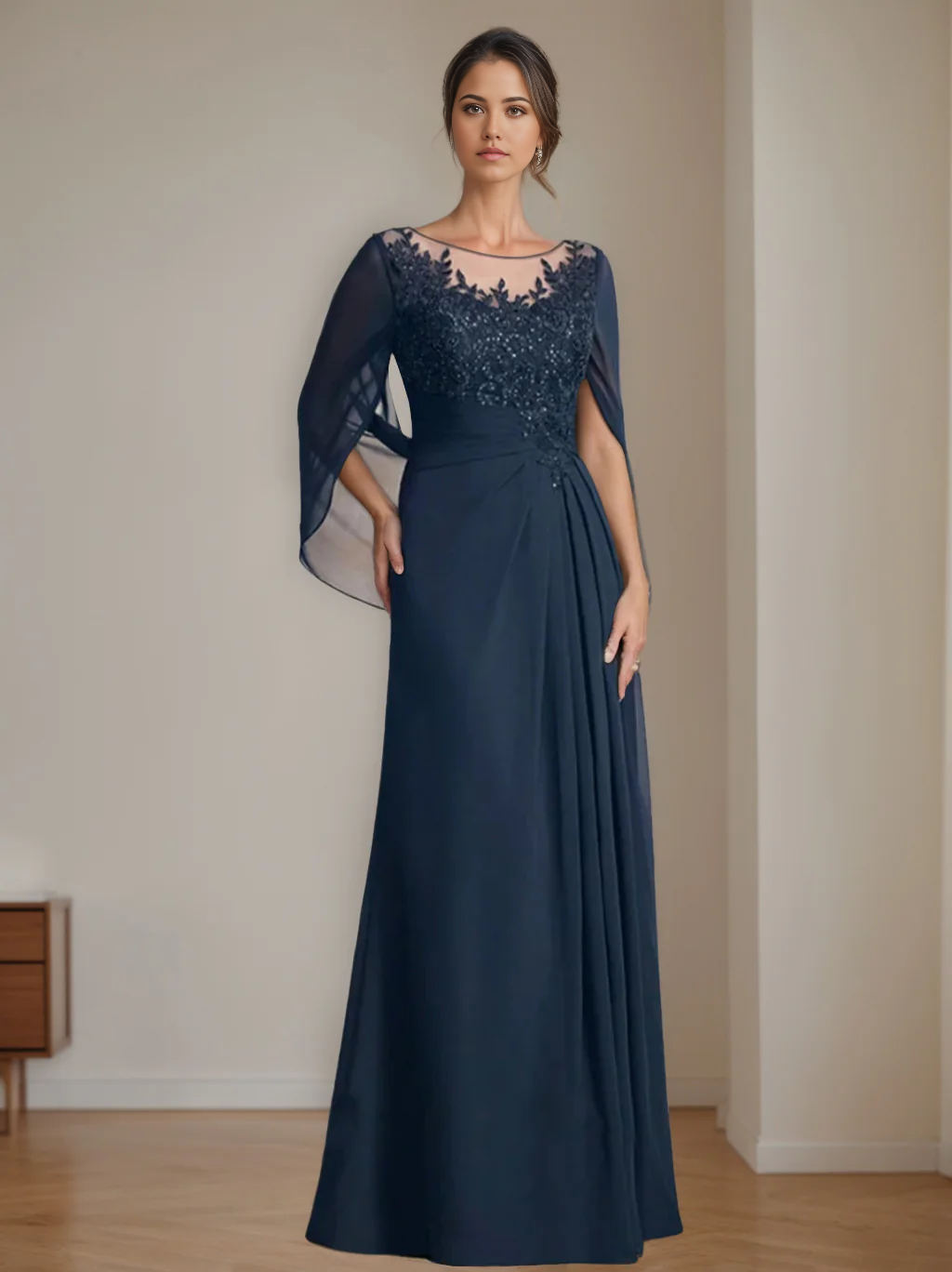 Vestidos de madre de la novia de corte A, princesa, lentejuelas, escote redondo, largo hasta el suelo, con pliegues